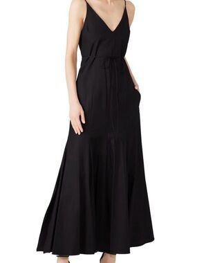 KHAITE Black V-Neck Maxi Slip Dress with Waist Tie